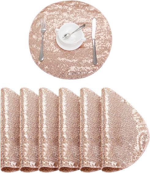 Sequin Placemats Set of 6, Heat-Resistant Dining Table Mats, Stain-Resistant Kitchen Table Placemats, Elegant Sparkle Placemat for Party Wedding A...