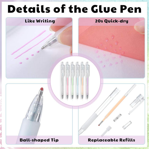 Seajan 6 Pcs Quick Dry Ballpoint Glue Pen with 12 Pcs Glue Refills Easy Control and Precise Apply Liquid Glue Pens for Crafting Scrapbooking Card ...