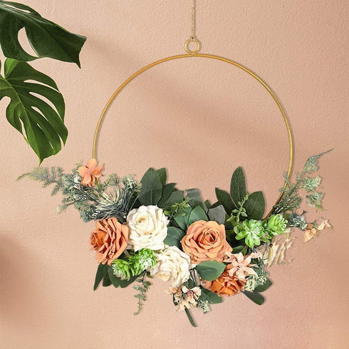 Floral Hoop Wreath Iron Artificial Rose Flower Wreath Artificial Flower Round Frame Garland for Front Door Wedding Party Nursery Decor - Orange...