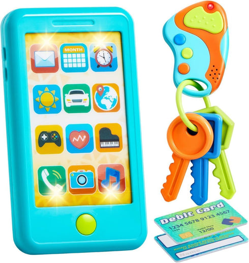 Pretend Toddler Play Phone, Learning Toy Phone Set,Keyfob Key Toy and Credit Cards Set, Kids Cellphone Toys, Girls Boys Birthday Gifts for 1 2 3 Y...