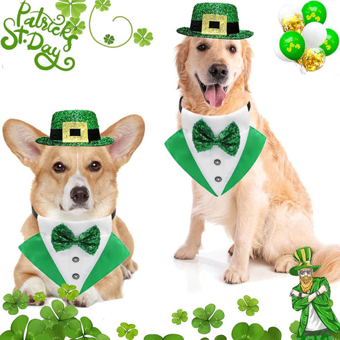 3Pack St.Patrick's Day Dog Costume Puppy Bandana Top Hat Green Shamrock Bow Tie Collar Adjustable Pet Scarf Formal Tux Clothes Irish Tuxedo Outfit...
