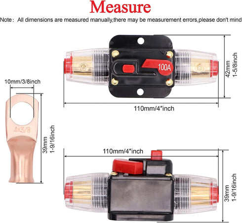 100A Audio Inline Circuit Breaker 12V, Auto Fuse Holder 100 Amp with Manual Reset for Car Audio RV Home Marine Boat Truck, with Tubular Ring Termi...