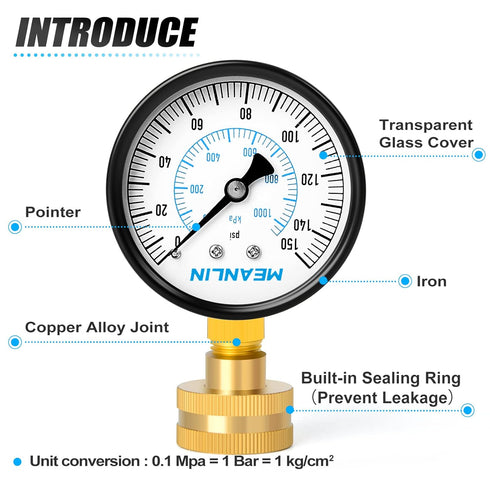 MEANLIN MEASURE 0-150psi Water Pressure Gauge,3/4" Female 2.5" FACE DIAL Water Pressure Test Gauge with Sealing Ring, Water Pressure Gauge for Hom...