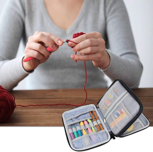 Damero Crochet Hook Case, Travel Storage Bag for Swing Crochet Hooks, Lighted Hooks, Needles(Up to 8'') and Accessories, Large, Blue Dots (No Acce...