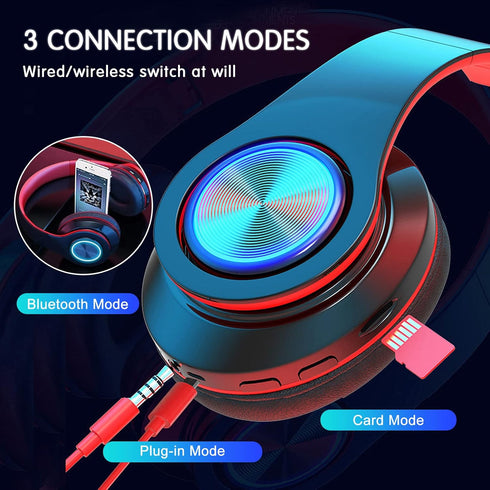 Bluetooth Wireless Over Ear Headphones, HiFi Stereo Sound Foldable Headphones,Colorful LED Lights Headphones with Built-in Mic,Wired for School/Ta...