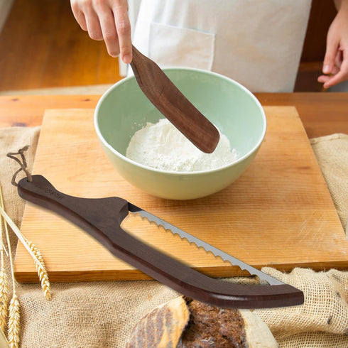 Wiz&Quirkz Bread Bow Knife with Cover and Wood Sourdough Spatula, Walnut Handle Stainless Steel Serrated Bread Knife for Homemade Bread, Long Brea...
