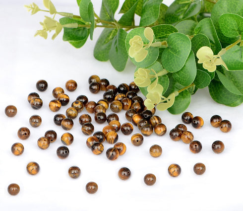 8mm 100pcs Natural Stone Beads Tiger Eye Round Genuine Stone Beading Loose Gemstone Hole Size 1mm DIY Charm Smooth Beads for Bracelet Necklace Ear...