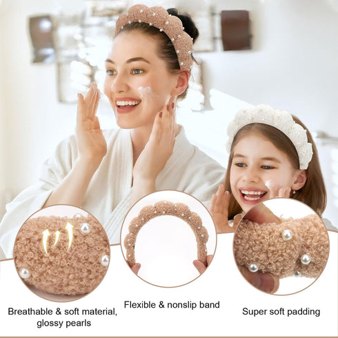 Wecoe 2pcs Pearl Skincare Headbands For Washing Face White Khaki Fluffy Spa Headbands Makeup Headband Face Wash Puffy Sponge Bubble Headband Hair ...