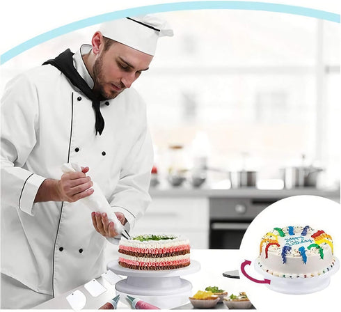 KNC 11 Inch Rotating Cake Turntable with 3x Icing Smoother, Cake Stand, Revolving Cake Stand,Cake Decorating Tools,White Baking Cake Decorating Su...