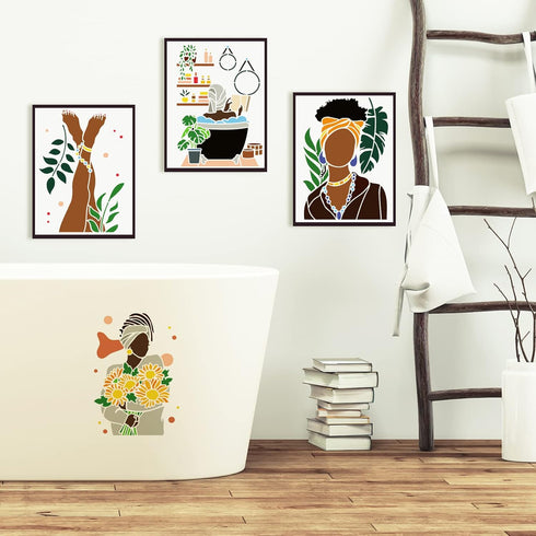 FINGERINSPIRE 6 pcs African Tribal Women Stencils 8.3x11.7inch Reusable African American Painting Stencil Female Silhouette Bathroom Decoration St...