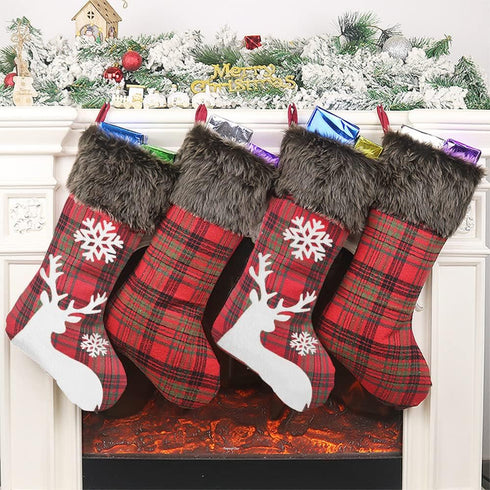 Christmas Stockings 2022, 18 Inches Burlap with Large Plaid Snowflake and Plush Faux Fur Cuff Stockings, for Home Decor (2 Pcs Plaid Snowflake)...
