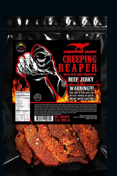 JURASSIC JERKY’S “CREEPING REAPER” Carolina Reaper Beef Jerky The Reaper is the HOTTEST Pepper in the world! Sweet with Heat - (2) 3 oz bags...