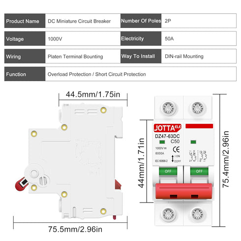 DC Miniature Circuit Breaker, 2 Pole 1000V 50 Amp Isolator for Solar PV System, Thermal Magnetic Trip, DIN Rail Mount (DC 2P 50A 2PCS)...