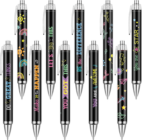 Gueevin 10 Pcs Inspirational Ballpoint Pens Motivational Quote Pens Retractable Funny Pens Black Ink Pen Set with Stylus Tip Colorful Metal Encour...