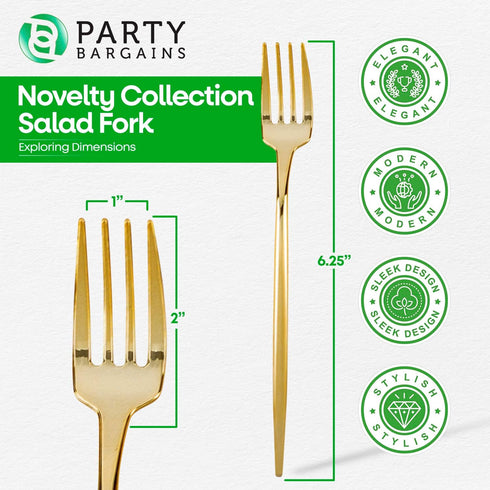 Party Bargains Disposable Plastic Salad Fork Flatware Utensils, 32 Pack, Gold, Novelty Modern Design Kitchen Silverware Cutlery for Household Dinn...