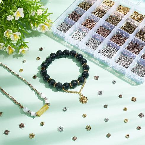 PH PandaHall 1200pcs 6 Styles Spacer Beads, 4 Colors Tibetan Flower Bicone Rondelle Beads Antique Alloy Spacers Beads Square Loose Beads for Brace...