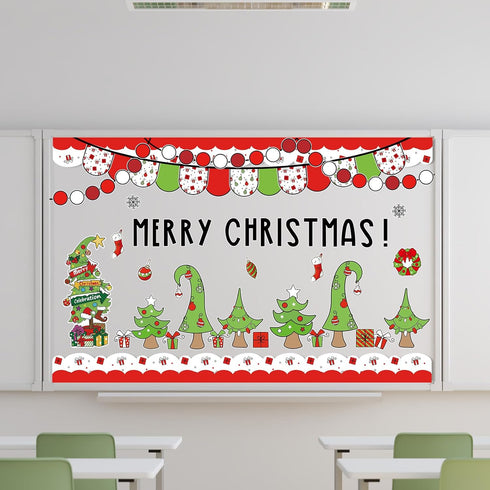 Whaline 94Pcs Merry Christmas Bulletin Board Decoration Kit Holiday Bulletin Board Set Xmas Tree Snowflake Gift Paper Cutouts with Glue Points for...