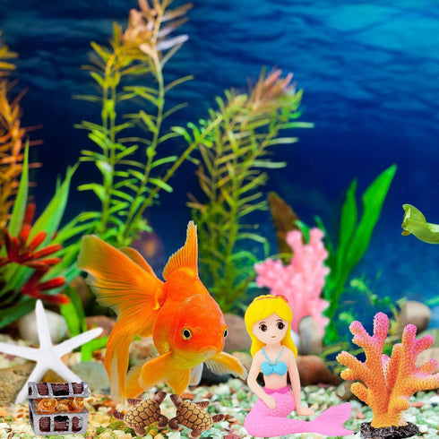 Fish Tank Aquarium Decoration Set, Mini 100pcs Glowing Pebbles Liminous Rocks, Teatle Mermaid Starfish Coral Treasure Chest Ornaments for Micro La...