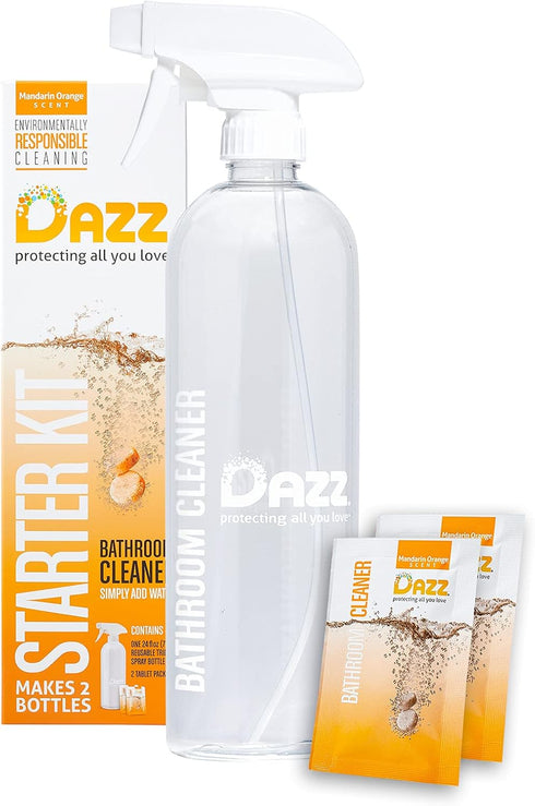 Dazz Bathroom Cleaner Starter Kit (1 Reusable Spray Bottle, 2 Refills) Tile, Tub Shower, Countertop and Bathroom Surfaces - All Natural, Eco Frien...