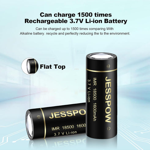 18500 Rechargeable Batteries with Flat Top, IMR 18500 Rechargeable Li-ion Battery 1600mAh 3.7V for Flashlight, Solar Garden Light (4 Pack)...