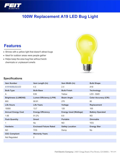 Feit Electric A19 Outdoor LED Bug Light, 100-Watt Equivalent, Dimmable LED Light Bulb, E26 Medium Base, 800 Lumens, 120V, 13 Years Lifetime, Yello...
