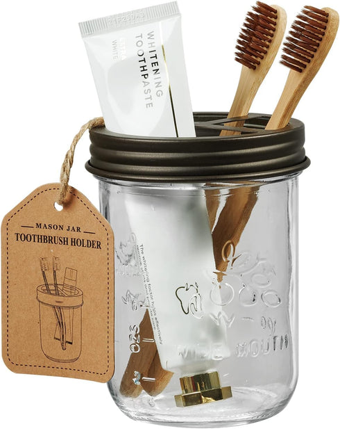 Amolliar Mason Jar Toothbrush Holder- Rustproof Stainless Steel - Holds 2 Toothbrushes and Toothpaste,with Chalkboard Labels - Farmhouse Décor Bat...