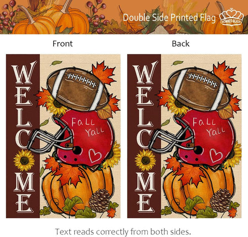 CROWNED BEAUTY Fall Welcome Garden Flag 12x18 Inch Double Sided for Outside, Burlap Small Seasonal Autumn Football Pumpkin Yard Decoration...