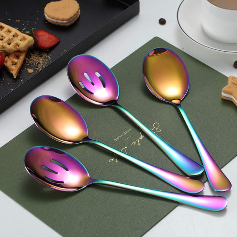 Kyraton Rainbow Serving Set - 4 Piece Titanium Plated Utensils, Includes 2 Spoons and 2 Slotted Spoons...