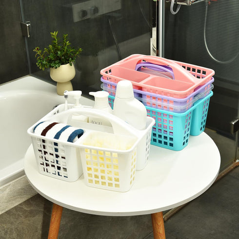 ALINK Plastic Shower Caddy Basket with Compartments, Portable Divided Cleaning Supply Storage Organizer with Handle for College Dorm Bathroom - Wh...