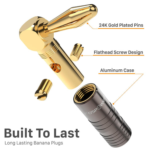 FosPower Right Angle Banana Plugs (2 Pairs / 4 pcs), Closed Screw 24K Gold Plated Banana Speaker Plug Connectors for Speaker Wire, Wall Plate, Hom...