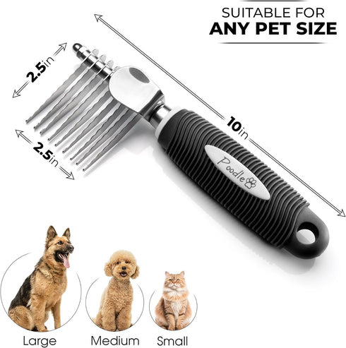Poodle Pet Dematting Fur Rake Comb Brush Tool - Dog and Cat Comb with Long 2.5 Inches Steel Safety Blades for Detangling Matted or Knotted Underco...