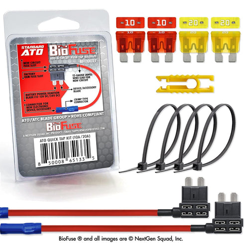 12 AWG Standard ATO Quick TAP KIT: 2 Add-A-Circuit Car Fuse Tap Adapters, 2 Each (10A 20A) Regular Fuses, 4 Zip Ties, Fuse Puller (Blade Group: AT...