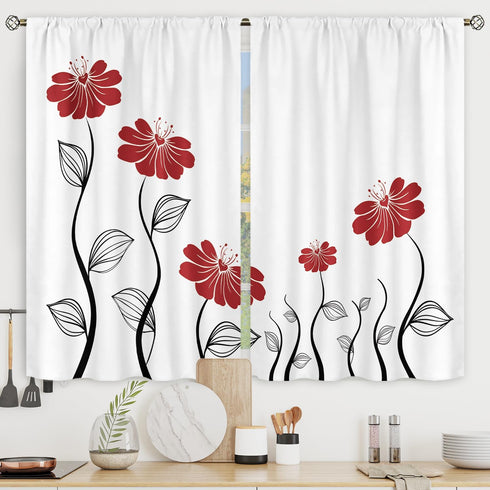 Riyidecor Red Flower Kitchen Curtains for Christmas 27.5x39 Inch Floral Petals Rod Pocket Leaves Lines Woman White Plant Printed Living Room Bedro...