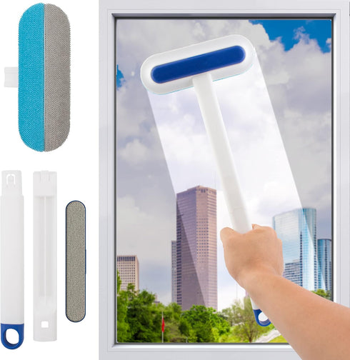2 in 1 Window Screen Cleaner Brush with Handle and Built-in Brush, Blue-White Reusable Window Screen Brush for Wet and Dry Cleaning, Double Sided ...
