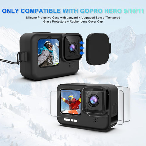 Premium Black Silicone Case Compatible for Hero9/10 Ultimate Protection Tempered Glass, Comprehensive Protection...