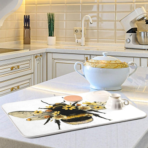 Bee Flower Cute Dish Drying Mat Countertop Protector Kitchen Decor 16" × 18"...