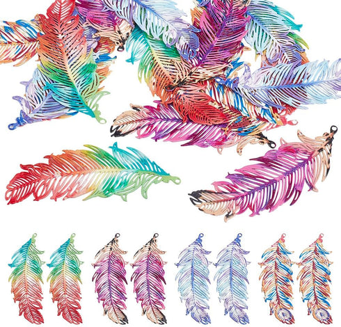 DELORIGIN 16pcs Rainbow Feather Charms Earring Making Kit Stainless Steel Linking Pendant Earring Component Connectors with 16pcs Earring Hooks Ju...