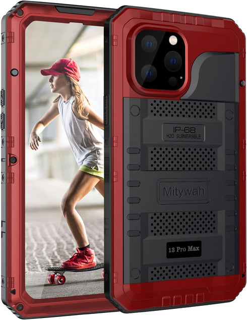 Mitywah Waterproof Case for iPhone 13 Pro Max, Heavy Duty Military Grade Armor Metal Case, Underwater Full Body Protective Case Shockproof Built-i...