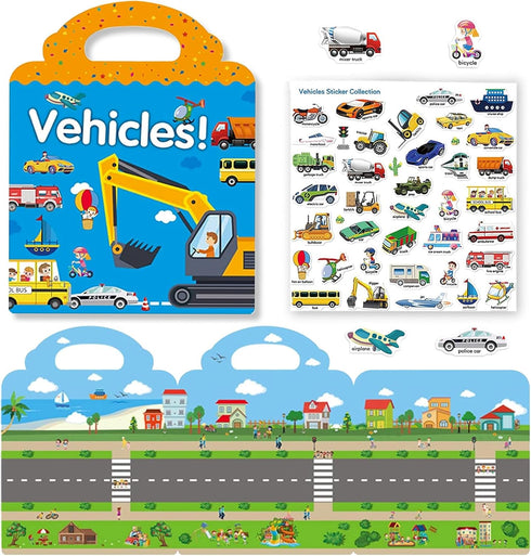 Reusable Sticker Books for Kids, Travel Removable Toddler Vehicle Sticker Books for 3 4 5 Year Old Girls Boys Birthday Gifts Educational Learning ...