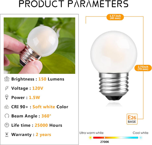 G40 Low Watt Small Led Light Bulbs 1.5w Small Edison Filament Led Bulbs 15 Watt Equivalent E26 Standard Base Warm White 2700K 150 lumen for Bedroo...