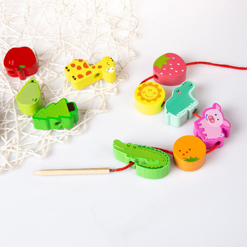 Montessori Educational Wooden Lacing Beads Toys for Toddler 3 4 5 Year Old, Farm Animals Fruits Vegetables Threading Toys Preschool Stringing Fine...