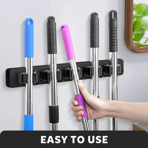 IMILLET Broom Holder Wall Mount, Wood Broom Holder with 5 Racks and 4 Hooks Broom Organizer, Laundry Room Organization and Storage, Mop Hanger for...