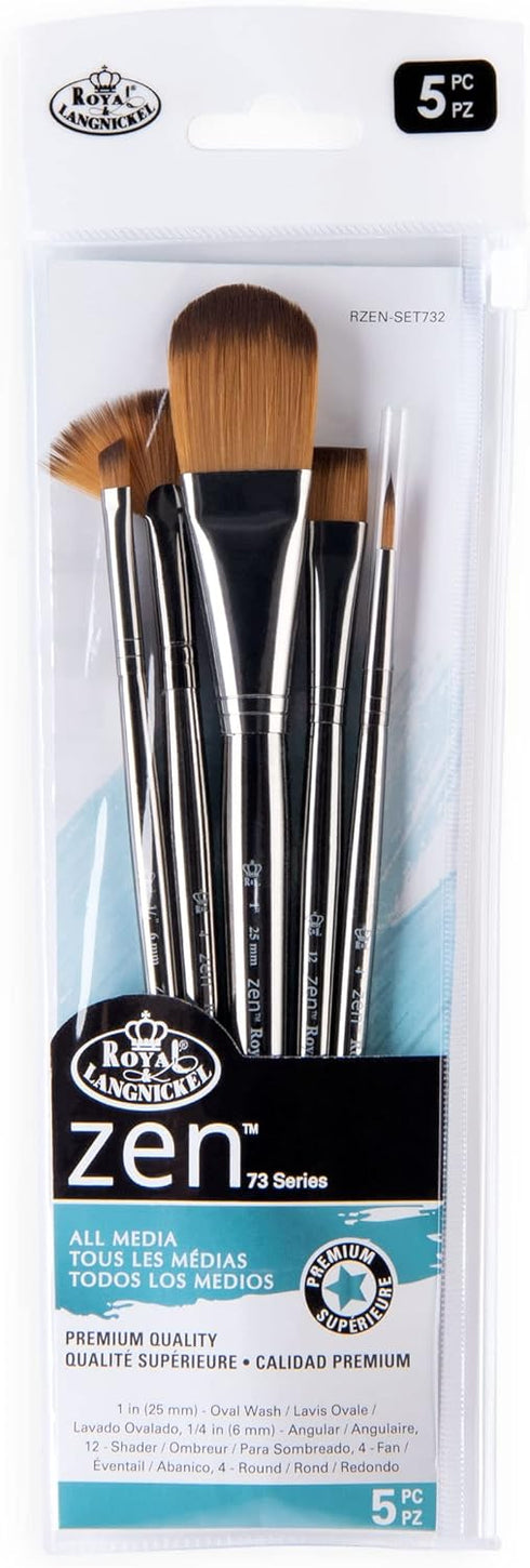 Royal & Langnickel Zen 5pc Standard Handle Brush Set, Includes - Oval Wash, Angular, Shader, Fan & Round Brushes...