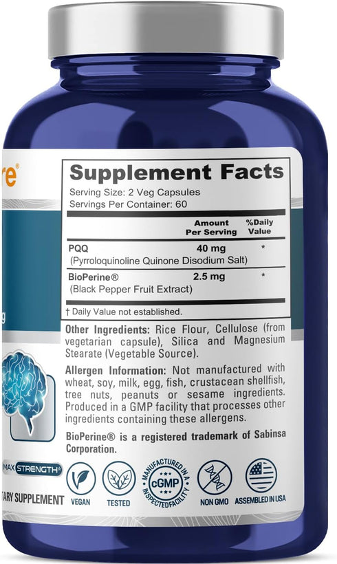 NusaPure PQQ Supplement 40 mg, 120 Veggie Capsules, Non-GMO, Pyrroloquinoline Quinone Disodium Salt, Bioperine...