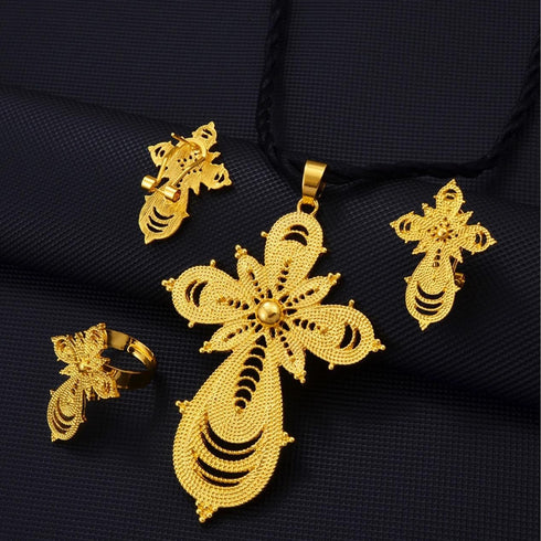 Ethiopian Jewelry Sets Cross Pendant Necklaces Earrings Rings African Eritrean Wedding Accessories, Ethiopia Eritrea Ethnic Jewelry Sets with Cros...