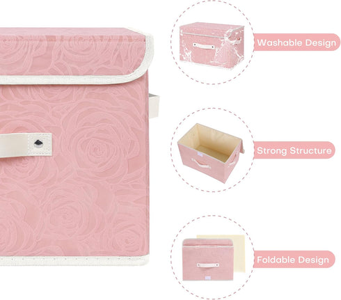 ANMINY Fabric Storage Bin with Lid Rose Print Storage Box Basket with PU Leather Handles Washable PP Plastic Board Decorative Foldable Lidded Shel...