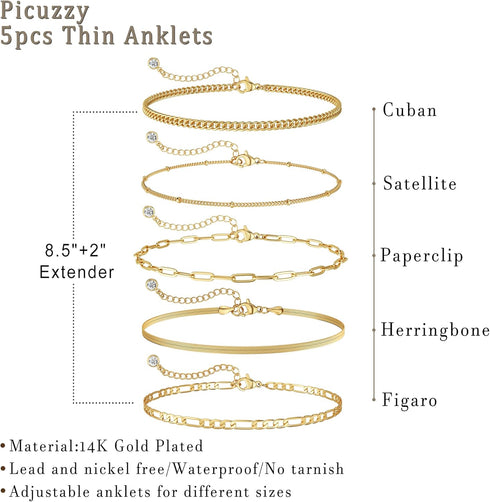 Gold Ankle Bracelets for Women, 14K Gold Anklets for Women Waterproof Snake Figaro Cuban Link Chain Anklets Set Chunky Thin Layered Dainty Anklet ...