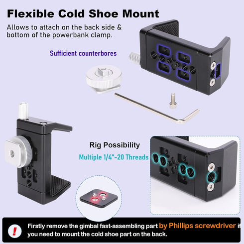 NICEYRIG Aluminum Power Bank Clamp for DJI RS 2 / RS 3 / RS 3 Pro, 50mm - 88mm Wide Range Universal Portable Charger Holder with Detachable Cold S...