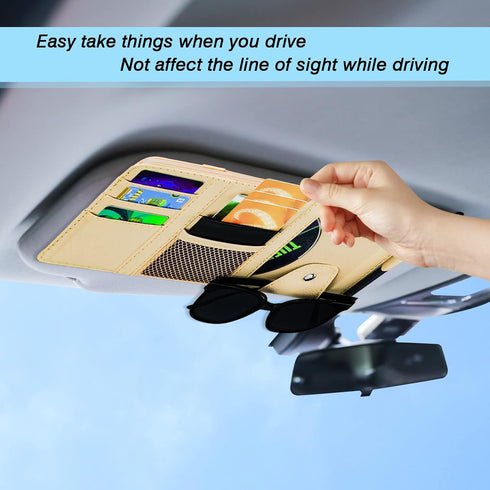 Car Sun Visor Organizer, Leather Pocket Organizer Sunglass Holder for Car Interior Accessories with Multi-Pocket Net Zipper (Beige)...