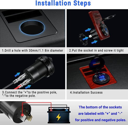 GemCoo 12V USB C Charge Socket, Dual 45W PD 18W QC3.0 12V USB Car Charge Outlet with Switch Voltmeter, Waterproof Fast Car Charger for for Car Boa...